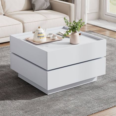Table basse blanche 60x60x38 cm rotative 360°, avec 2 étagères et rangements, design fonctionnel (1/5)