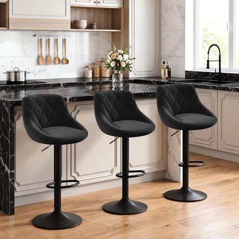 Lot de 3 Tabouret de bar WOLTU, siège en velours, tabourets de Cuisine Hauteur réglable pieds en métal, Noir (1/5)