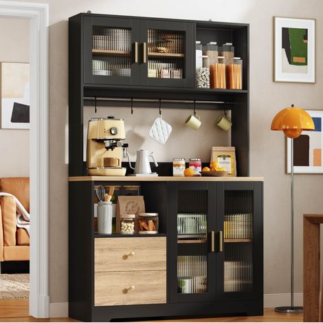 Mueble de cocina alto 110 x 40 x 178 cm con LED, enchufe, puertas de vidrio templado negro HAVRYA (1/5)
