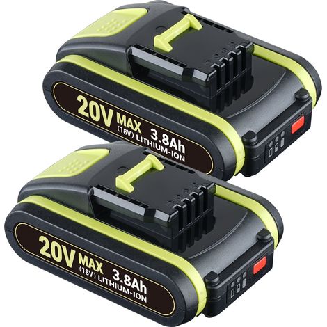 2 pièces pour Worx Batterie 18V(20V Max) 3.8Ah WA3551 avec indicateur WA3553 WR142E M700 WA3551, WA3551.1, WA3553, WA3553.1, WA3553.2, WA3556, WA3572, WA3605, WA3605