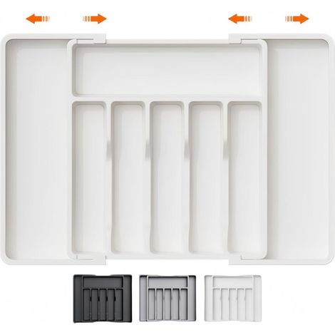 Vassoio portautensili da cucina con cassetto estraibile e 8 scomparti pratico contenitore per riporre cucchiai, forchette e coltelli - bianco. (1/5)