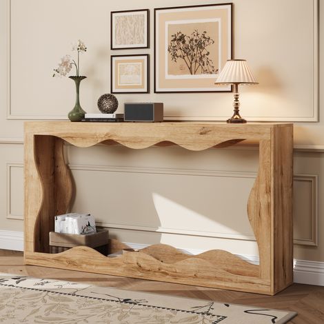 Consolle effetto legno naturale 160 cm, mobile ingresso con bordo ondulato, consolle stretta a 2 livelli con ripiano aperto per soggiorno, corridoio e ingresso (1/5)