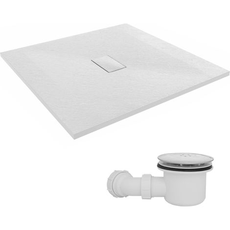 NRG 1000 x 1000mm SMC White Square Slate Effect Bathroom Shower Tray & Fluidmaster Fast Flow Waste Trap (1/5)