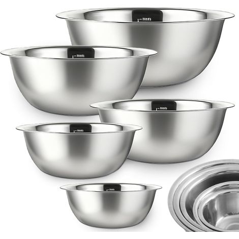 Bols Mélangeurs en Acier Inoxydable, Lot de 5 Cul de Poule Inox, Bols à Mélanger en Acier Inoxydable, Saladiers de Tailles Différentes (0.58 L, 0.9 L, 1.6 L, 2.05 L, 2.6 L) Bol Inox Bowl de Mélange (1/5)