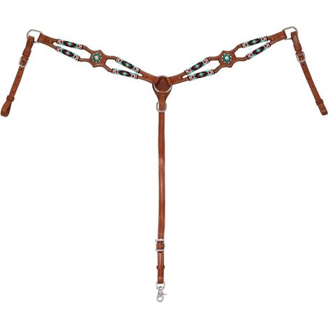 Pettorale western in cuoio decorato con pietre simil smeraldo e tagli cut out (1/4)
