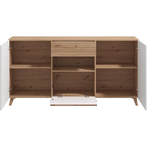 Anrichte Morlupo, Schublade, 3 Regalböden, Türen, Klappe, Schiebetür, 173x41,5x87,5h cm Weiß