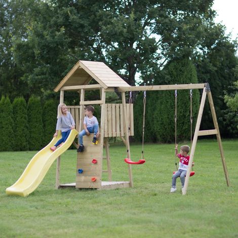 Wendi Toys Kinderspielhaus, Kletterturm "Pinguin" mit Rutsche, Kletterwand und 2 Schaukeln, holz / gelb (1/7)