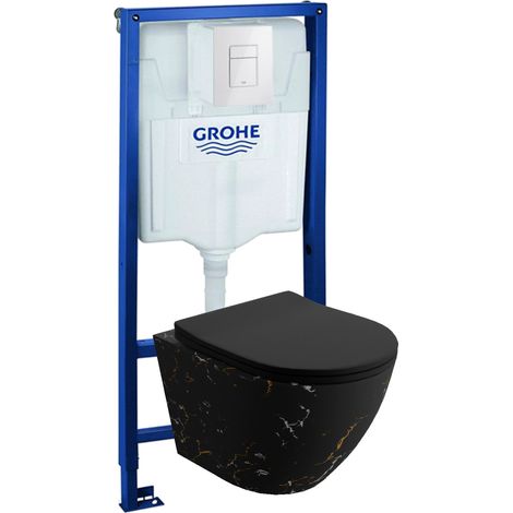 GROHE Bâti-support Solido + Lavita WC Sofi Slim Fire suspendu noir sans bord + panneau de commande Delta 25 blanc  Kit complet WC