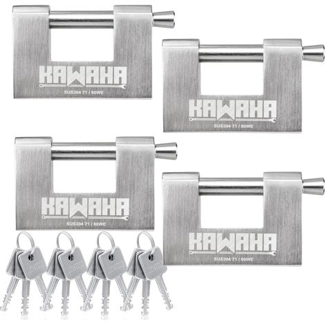 71/80-4PS Cadenas en forme de D en acier inoxydable avec clés en acier inoxydable pour porte de garage, conteneurs, abri de jardin, casier et entrepôt (8,9 cm, clés identiques – Lot de 4) (1/5)