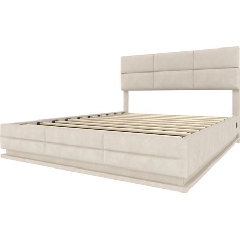Lit rembourré beige 180x200 cm en velours, tête réglable, LED, USB Type-C, coffre (1/5)