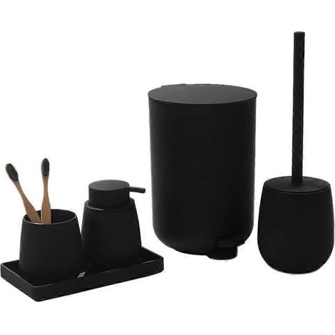 Ensemble de salle de bain comprenant une petite poubelle, un porte-brosse à dents et un distributeur de savon (noir). (1/5)