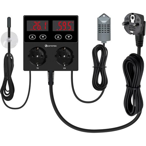 Prise Thermostat Hygrostat Numérique, Contrôleur de Température et d'humidité Prise Hygrostat avec Sonde, Régulateur Humidité Prise 220V pour Terrarium Reptile Couveuse Incubateur Serre (1/5)