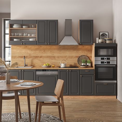 Mueble de cocina Fame-Line, Antracita Casa de campo/Roble kraft dorado, 300 cm con armario alto, ET Antracita, Vicco