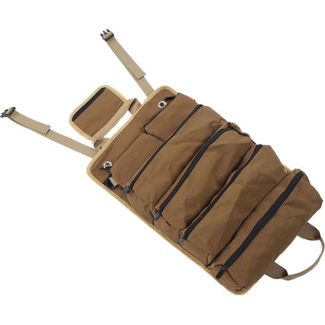 Sac à outils enroulable multifonction, rangement portable en toile Oxford, poches séparées, organiseur pour jardinage et camping, kaki (1/5)