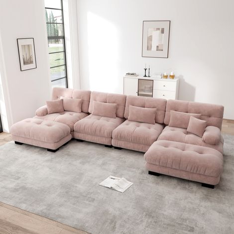Canapé d'angle modulable 4 places, canapé panoramique U ou L, assise profonde avec 2 poufs mobiles pour salon - chenille - rose