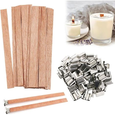 Kit de 25 mèches en bois pour la fabrication de bougies, avec 25 supports en fer pour la fabrication de bougeoirs parfumés (1/5)