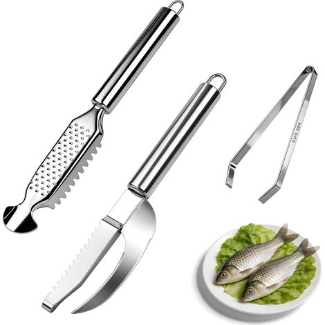 3-teiliges Fischschuppen-Set aus Edelstahl, leicht zu reinigen Enthält Schaber, Ausweidemesser und Fischgrätenpinzette. Schnelles Entfernen von Fischschuppen in der Küche. (1/5)