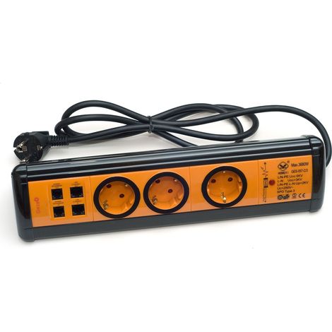 multiprise 3 Prises schuko + 2 USB + 2 RJ11 + 2 RJ45, Câble 1.5 mm x 1.4 m, Orange et Noir, Medium (1/5)