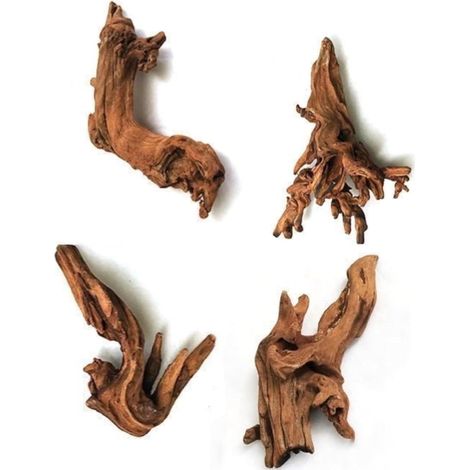 Ensemble de 4 petits morceaux de bois naturel immergé (racines d'arbres naturelles, forme aléatoire) de 5 à 10 cm pour aquarium. Bois décoratif naturel sélectionné, ornements pour animaux grimpants. (1/5)