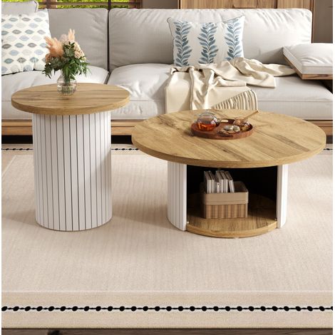 Mesa de centro redonda doble, set de 2, MDF natural, 75 x 75 x 50 + 45 x 45 x 35 cm HAVRYA (1/5)