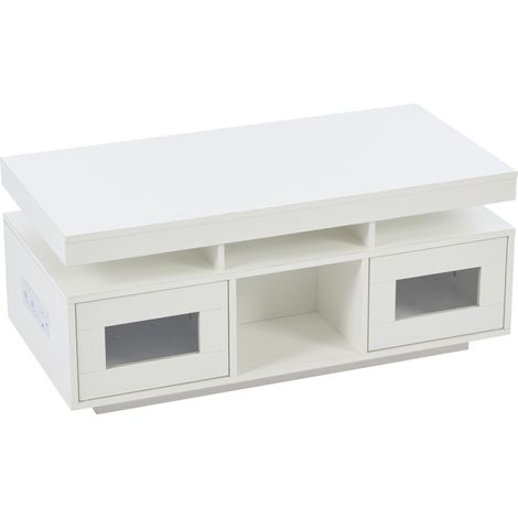 Table basse blanche laquée 100×50×43 cm avec LED contrôlées par application, prise européenne et rangement (1/5)