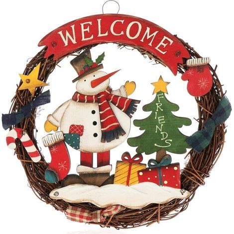 Geflochtener Weihnachtskranz - Willkommenskranz für die Tür - Holzkranz - Kranz - ca. Ø 24 cm (Schneemann - M) (1/4)
