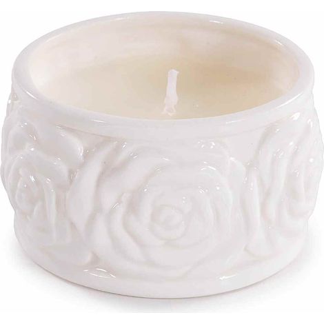 Candele profumate in vasetto di porcellana lavorato con decori a forma di rose in rilievo, set da 4 pezzi, Ø 8 cm x 4,5 H
