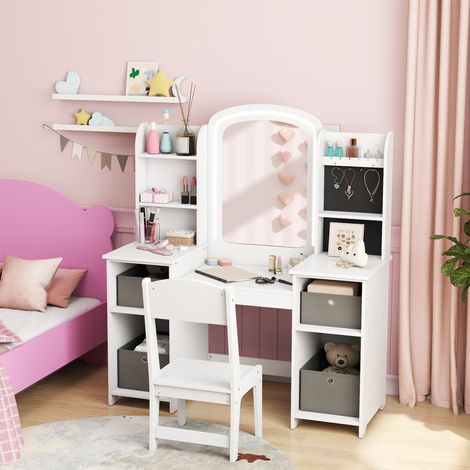 Tavolo da trucco per bambini con sgabello e specchio a LED, adatto a bambini dai 3 agli 8 anni, 104 x 40 x 112 cm, bianco.