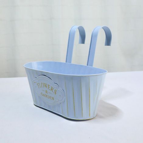 Pot de fleurs ovale en métal bleu vintage pour balcon Bac suspendu à double crochet amovible pour jardinage Cache-pot décoratif en fer pour plantes et fleurs (1/5)