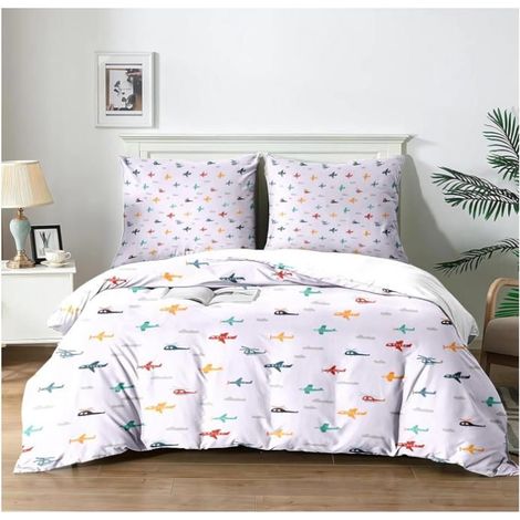 Housse de Couette avions et hélicoptères Enfant Microfibre Douce Set Lit 3 Pièces 2 Taies 65x65cm Thème Festif 200x200cm - JNT (1/4)