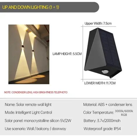 (Lumière chaude - 2 lampes) Applique murale solaire LED extérieure en ABS étanche IP54 pour jardin, décoration murale, panneau solaire, éclairage vers le haut et vers le bas, lampadaire (1/5)