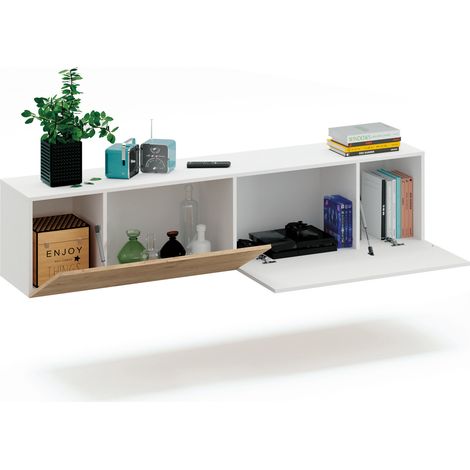Meuble de salon coloris blanc / chêne doré - Hauteur 42 x Longueur 180 x Profondeur 40 cm - PEGANE - (1/5)