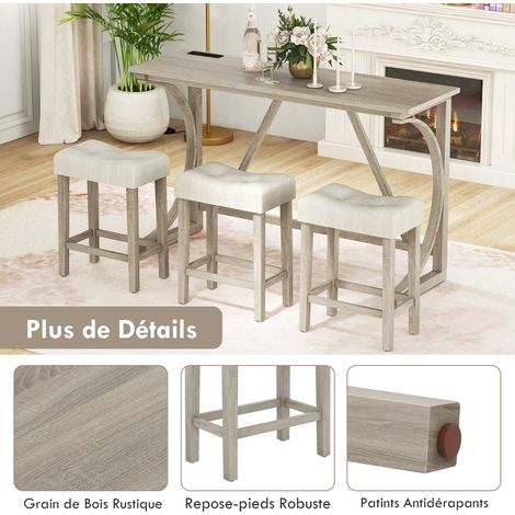 Ensemble bar gris en bois massif avec table haute, 3 tabourets rembourrés en lin et prise intégrée pour cuisine, repas et travail (1/5)