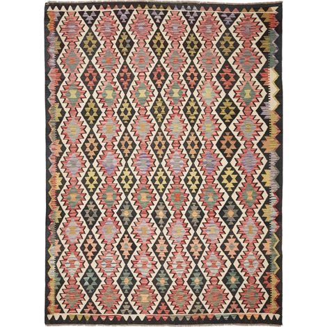 Tapis d'orient 224 x 299 cm, motif ethnique, en laine, multicolore, rouge et vert, authenticité artisanale (1/5)