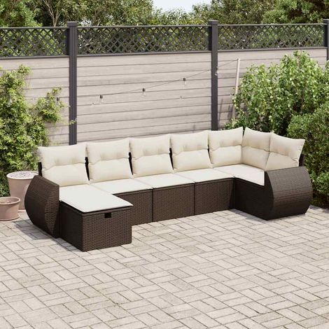 Ensemble de salon jardin modulaire 7 places marron résine tressée avec coussins crème et rangement (1/5)