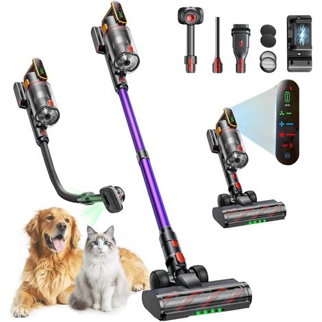 Fieety 50kPa/600W Aspirateur Balai sans Fil, 65Min Aspirateur sans Fil Puissant avec Brosse pour Animaux Tuyau, Mode Automatique Parfumé pour Poils d’Animaux Tapis Sols Durs et Voiture (1/5)
