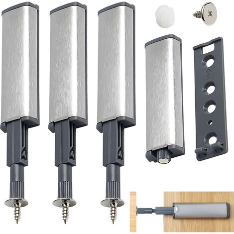 Lot de 4 ouvre-portes à pression Push to Open - Amortisseur de porte d'armoire - Touche robuste - Serrure magnétique coulissante - Pour tiroirs, cabines - Argenté (1/5)