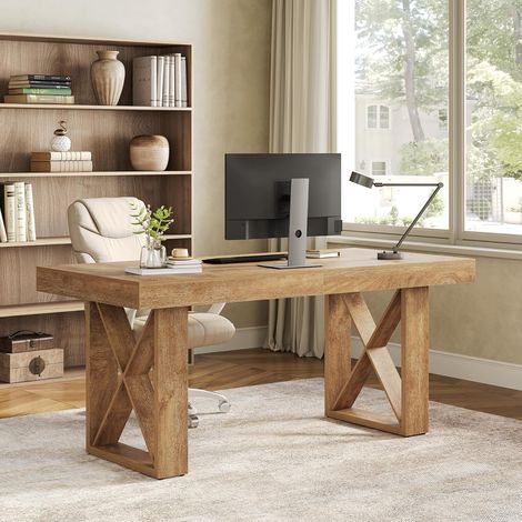 Tribesigns Schreibtisch, 160 × 80 × 75 cm, Computertisch Gaming Tisch mit Massiver Optik, Executive-Schreibtisch Bürotisch für Arbeitszimmer, Schlafzimmer, Wohnzimmer, Gelbbraun (1/5)