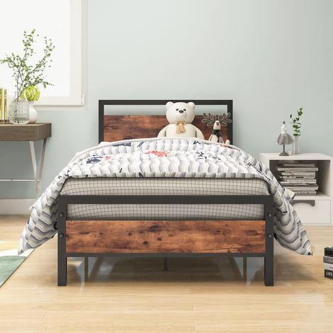 Cama individual 90x200 cm, estructura metálica con somier, almacenaje bajo cama, MDF y metal marrón (1/5)
