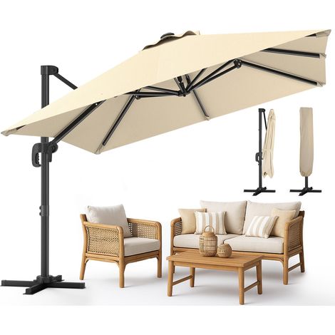 Parasol Déporté Carré 3x3M avec 8 Baleines Parasol de Jardin Extérieur Rotation 360° Inclinable 6 Positions Toile Polyester Anti UV et Imperméable avec Housse Beige Foncé (1/5)