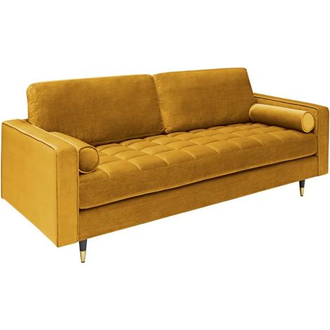 Sofa KOLIRI 3-Sitzer in Senfgelb – Designersofa aus Samt mit Massivholzstruktur