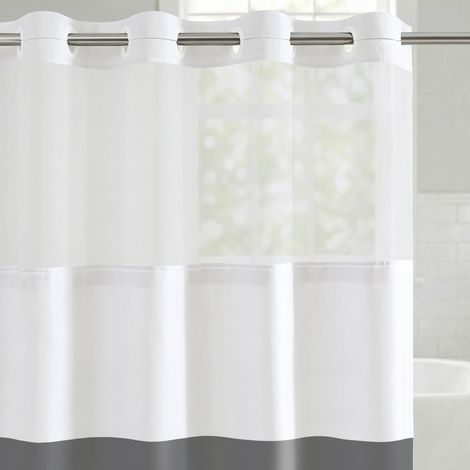 Rideau de Douche sans Crochets – Rideau de Douche Abstrait résistant à l'eau avec Panneau Transparent, Doublure à Clipser et œillets durables – 100% Polyester – Gris et Blanc (1/5)