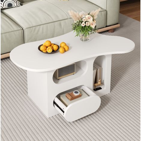 Couchtisch 97x45x43.5 cm weiß aus Spanplatte mit Schubladen und offenen Fächern (1/5)