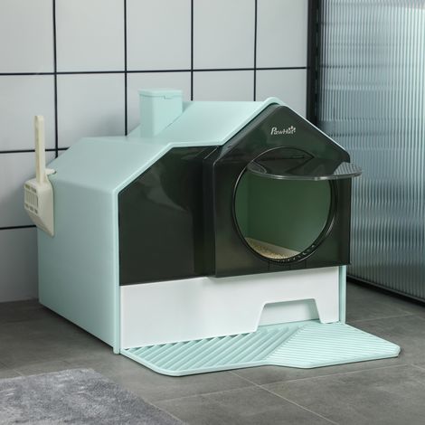 Maison de toilette bac à litière pour chat design maisonnette avec pelle, filtre et tapis dim. 47L x 45l x 42H cm bleu (1/5)