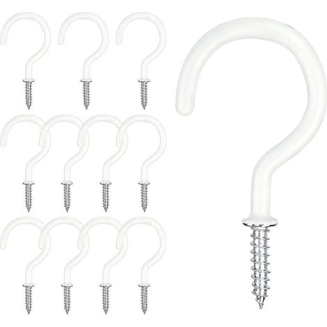 Lot de 12 crochets à vis blancs de 5 cm (2 pouces) avec revêtement plastique, pour plafond, étagères en bois, sous-meubles, placards, plantes suspendues (1/5)