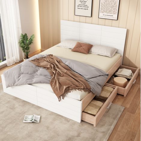 Bett mit Stauraum Massivholz+MDF Weiß/Eiche 180x200 cm inklusive Lattenrost und 2 Schubladen (1/5)