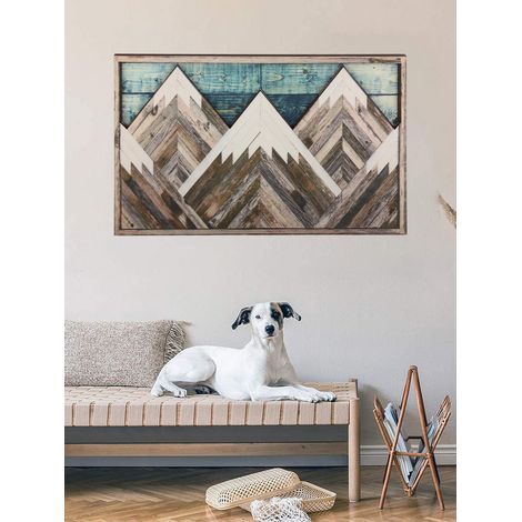 Décoration murale en bois montagne, sommet vert et bleu, tableau mural paysage naturel, pièce unique pour salon. (1/5)