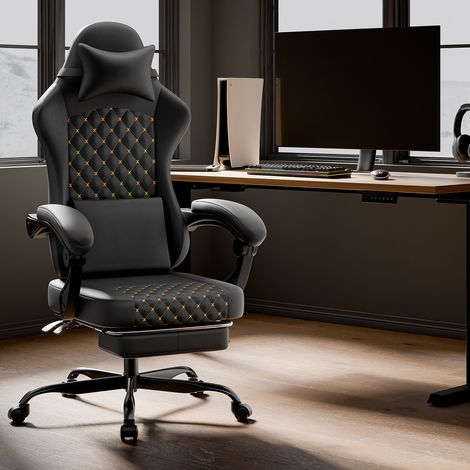 Chaise gaming en cuir noir 77 x 57 x 25 cm, appui-tête, soutien lombaire, accoudoirs synchronisés (1/5)