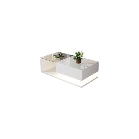 Neche – Table basse fixe en verre blanc brillant 105 cm – Compartiment rangement LED 60x17 cm – 1 tiroir – Style moderne et élégant