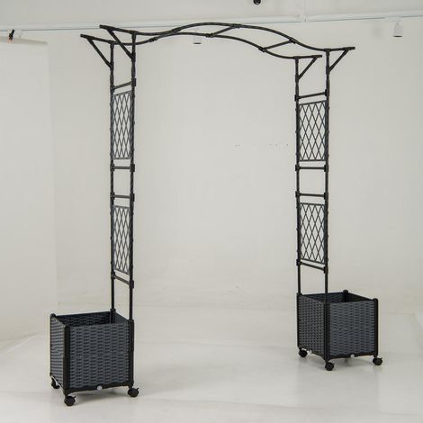 Métal gris, arche de jardin 2 en 1 avec 2 jardinières, treillis auto-arrosage sur roulettes pour extérieur (1/2)